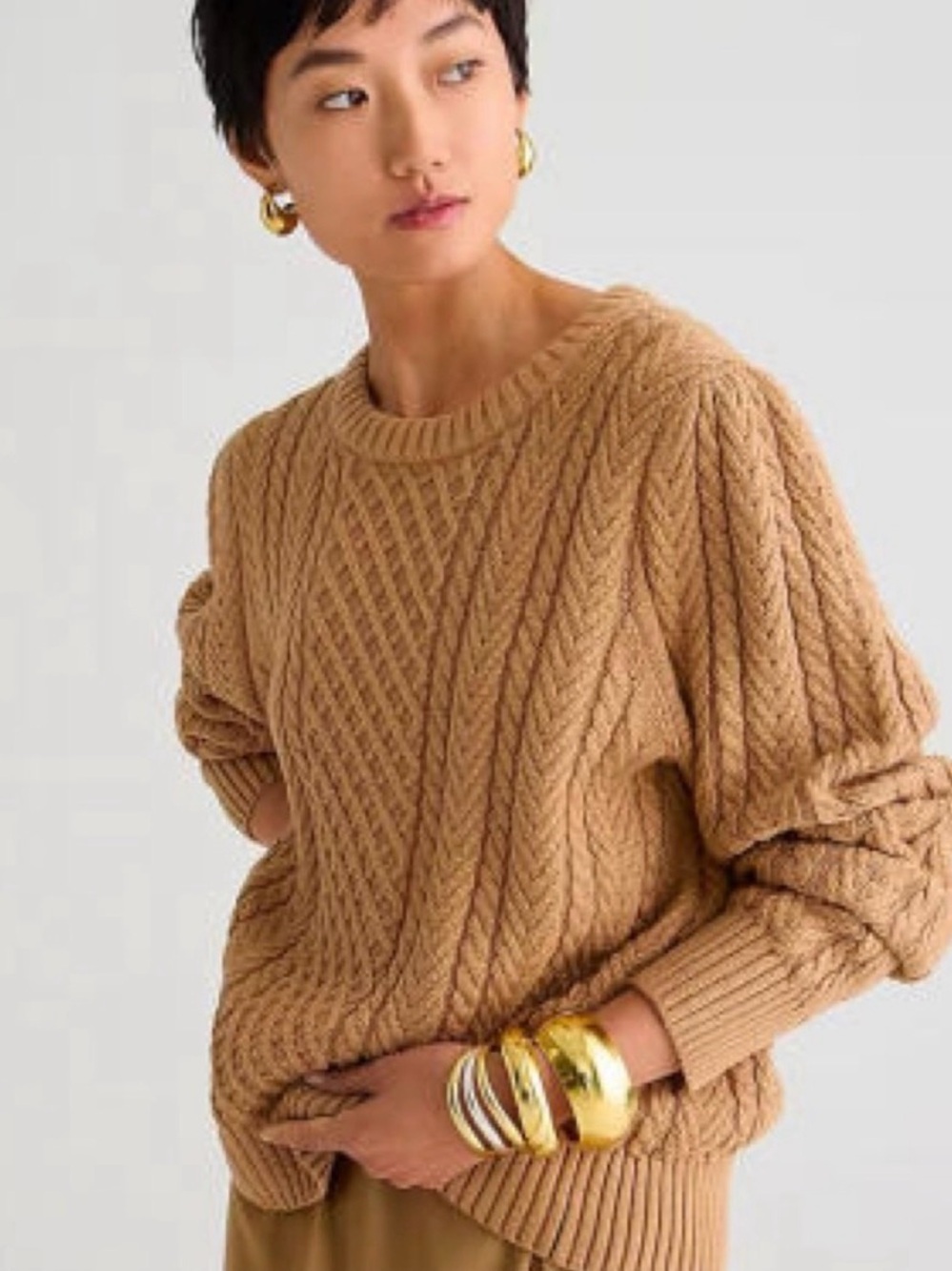 J Crew Cable-knit puff-sleeve crewneck sweater